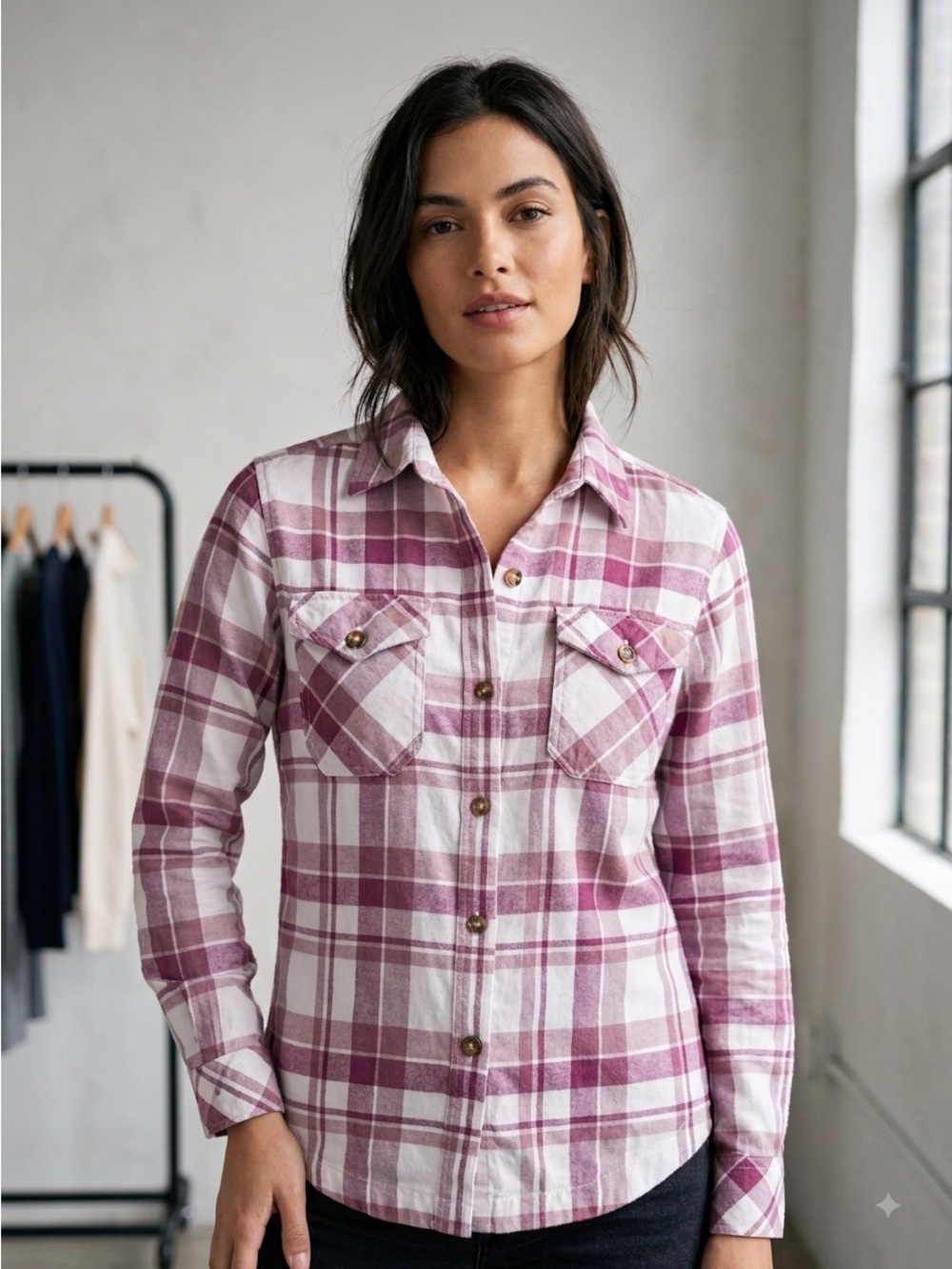 Frank & Oak Pink and White Plaid Button-Down Shirt